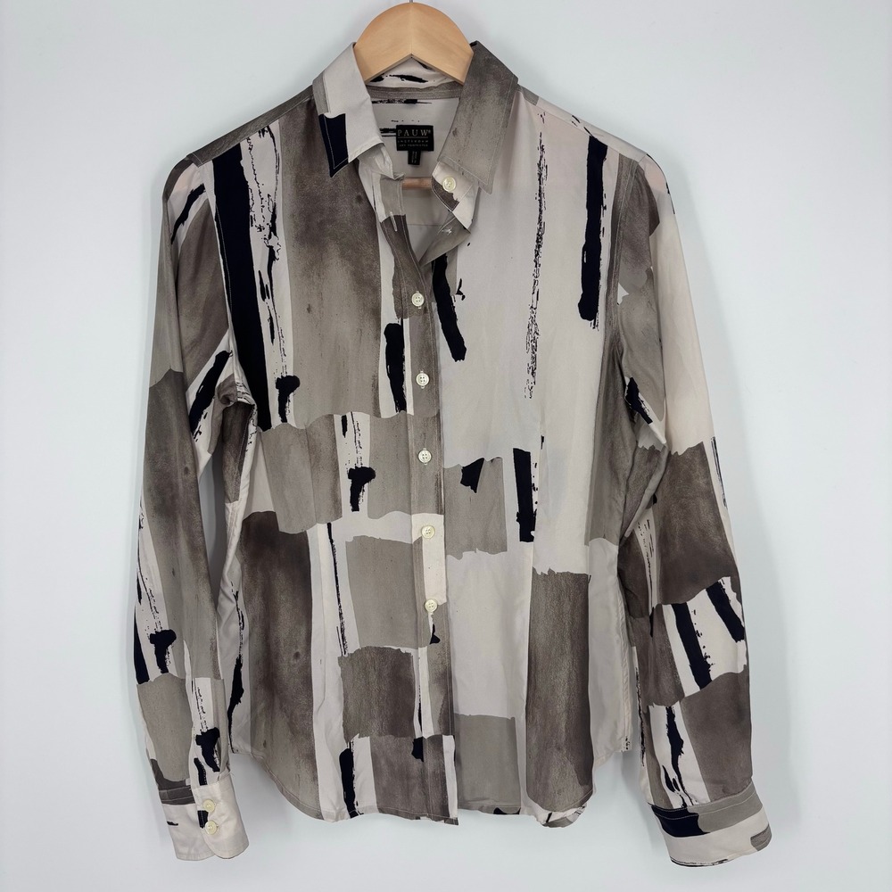 Pauw Amsterdam Abstract Brushstroke Silk Button Down Shirt Women Size 3 Large